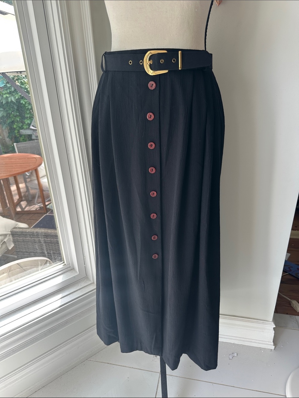 VINTAGE 90s Black Button-Front Midi Skirt Belt Feminine Classic Fall Sz 16 Large
